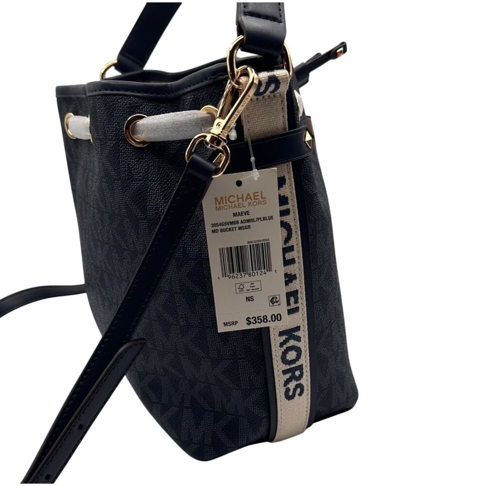 Michael Kors MK Signature Blue Bucket Bag Designer Logo Tote Gold Hardware - Picture 5 of 13